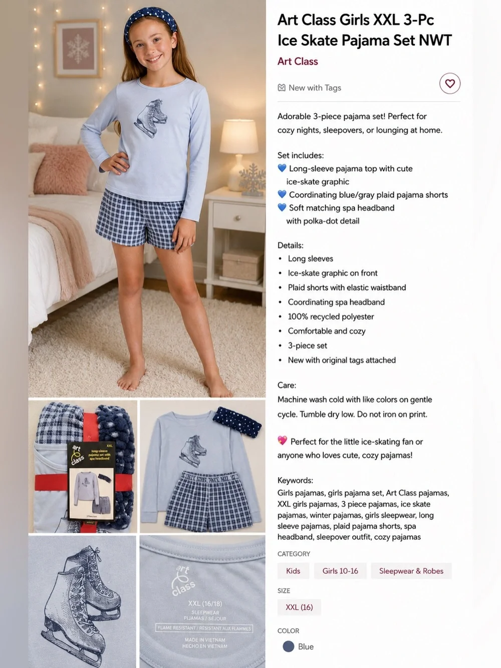 NWT Art Class™ Girls' 3 pc Long Sleeve Pajama Set with Spa Headband -
